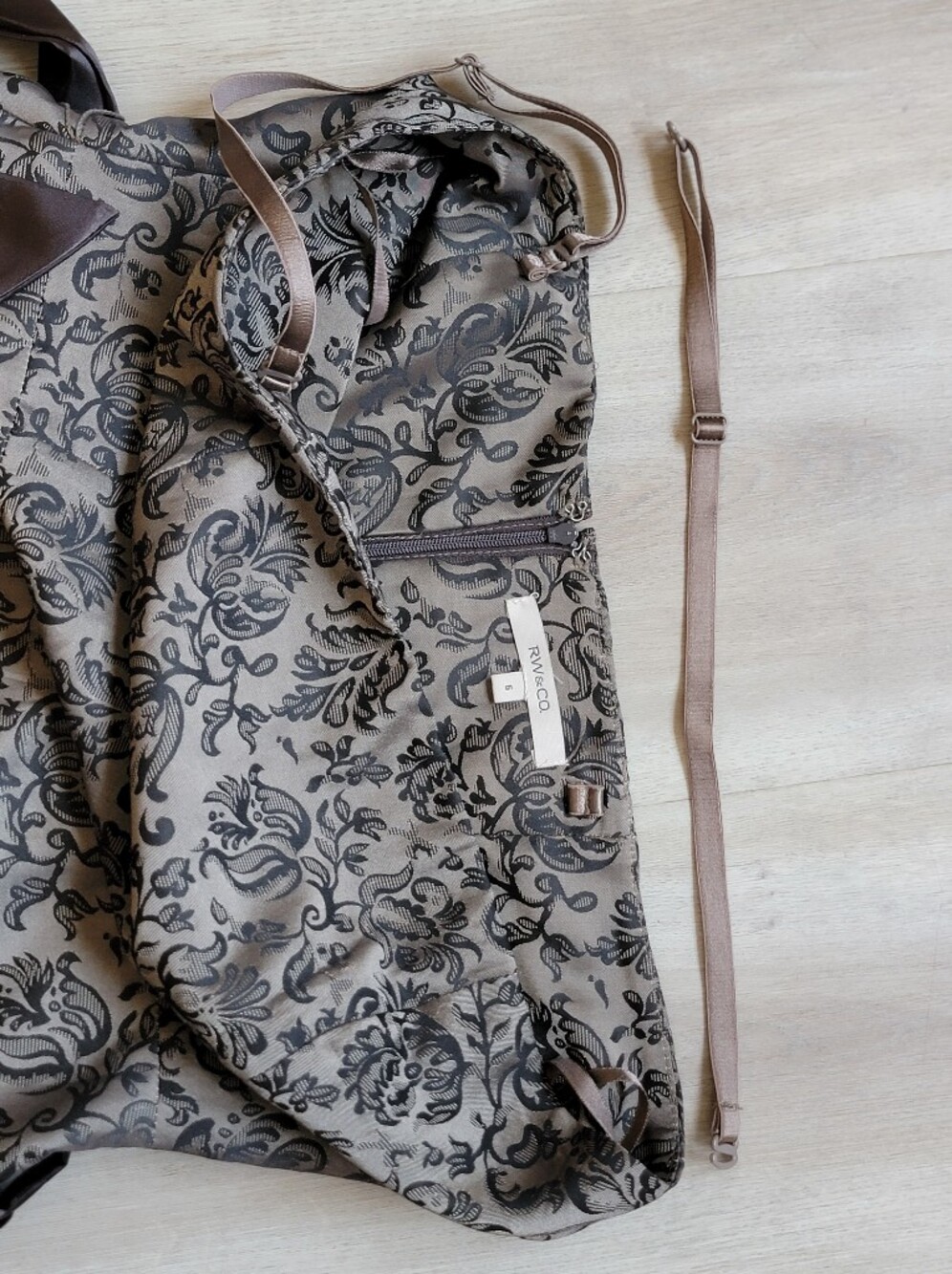 Strapless RW & Co. Brocade A-Line Party Dress with Satin Bow - Taupe & Black - Picture 8 of 13